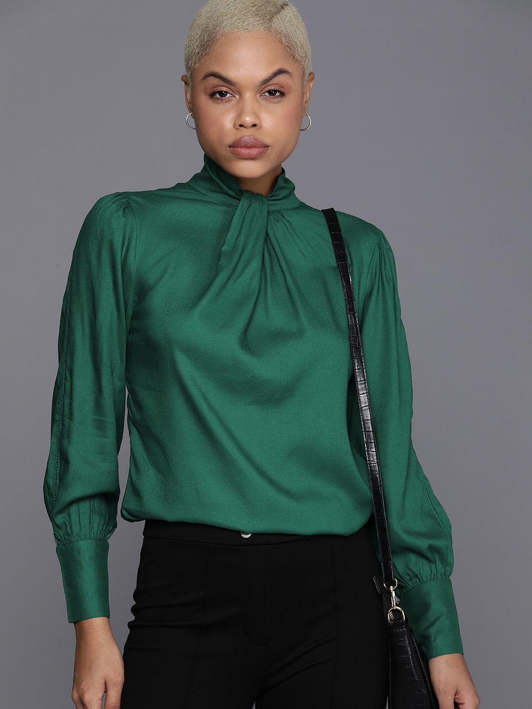 kenneth-cole-annodata-women-dark-green-knotted-neck-cuffed-sleeves-top