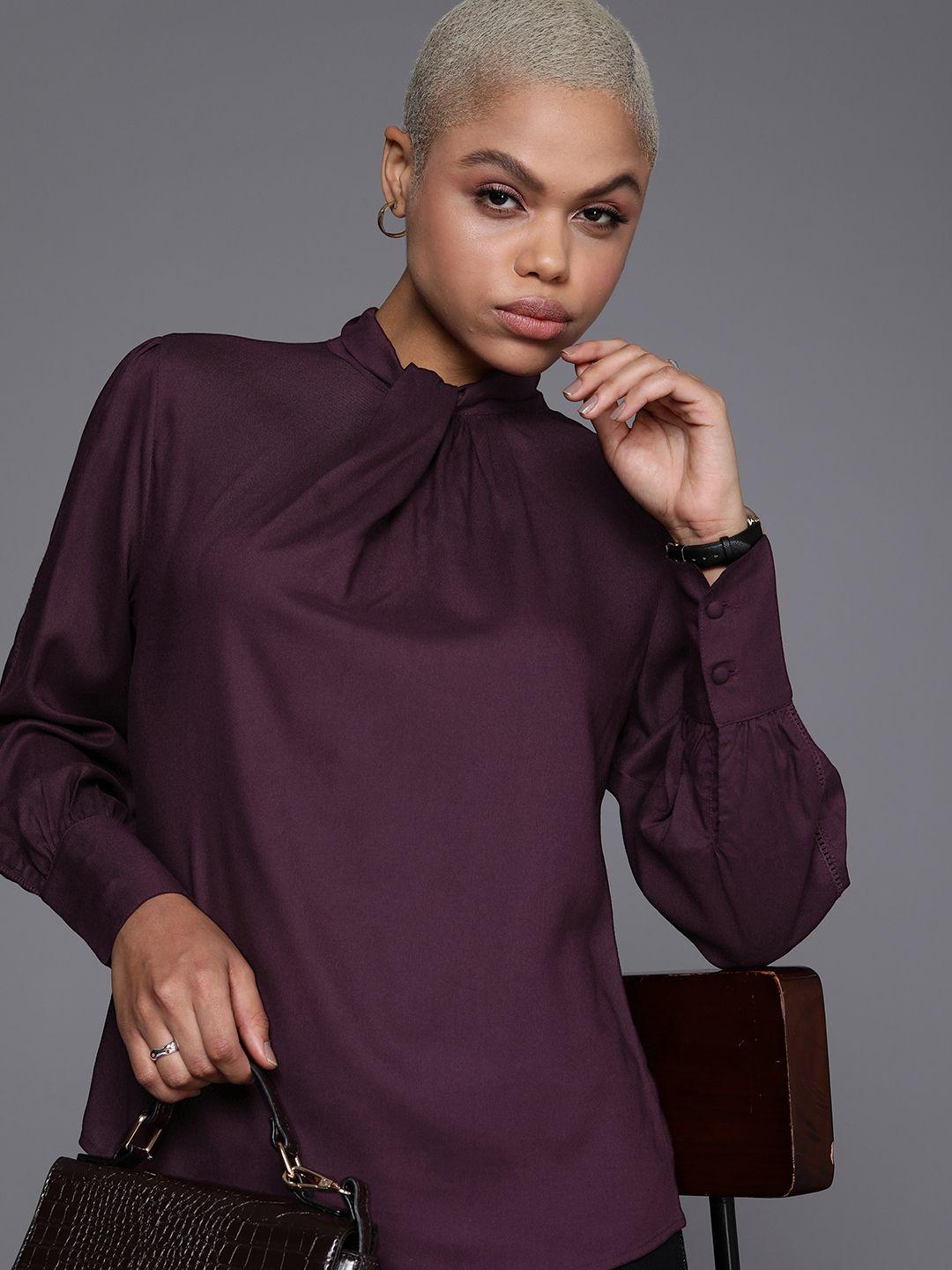 kenneth-cole-annodata-purple-knotted-neck-cuffed-sleeves-top