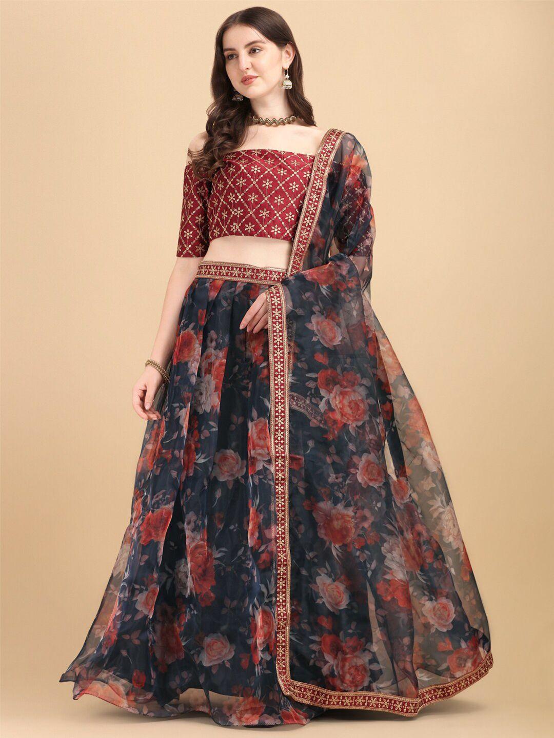 amrutam-fab-blue-&-brown-printed-semi-stitched-lehenga-&-unstitched-blouse-with-dupatta
