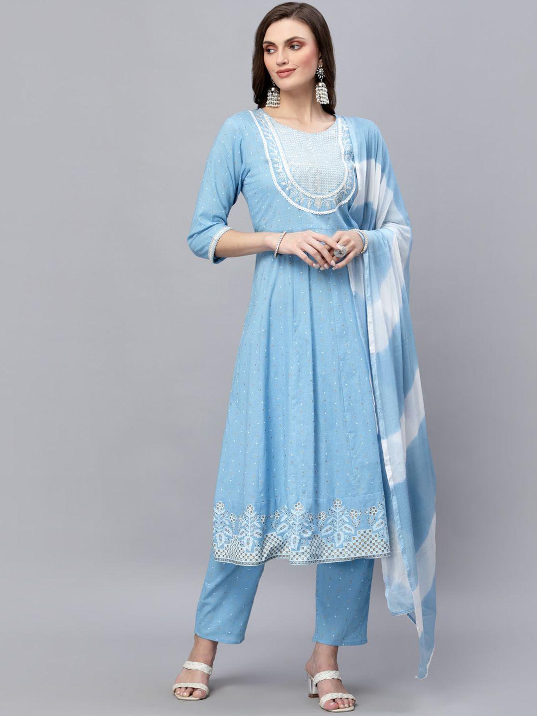 stylum-women-blue-embroidered-panelled-thread-work-pure-cotton-kurta-with-trousers-&-with-dupatta