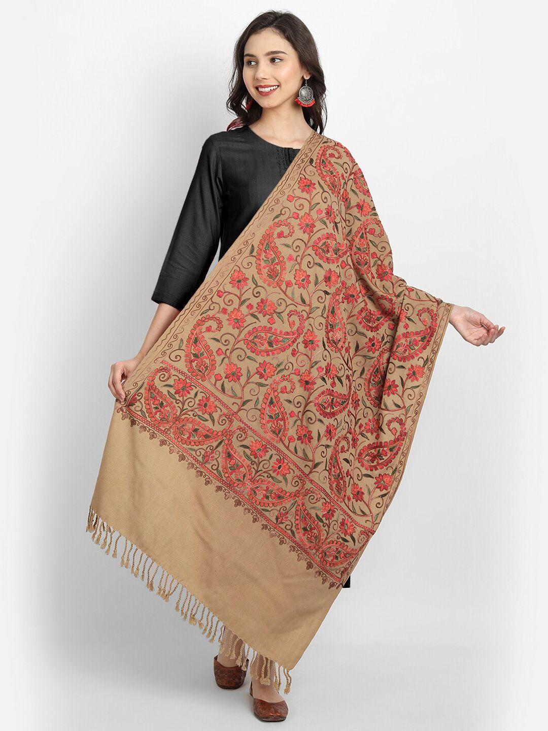 zamour-women-brown-&-red-embroidered-stole
