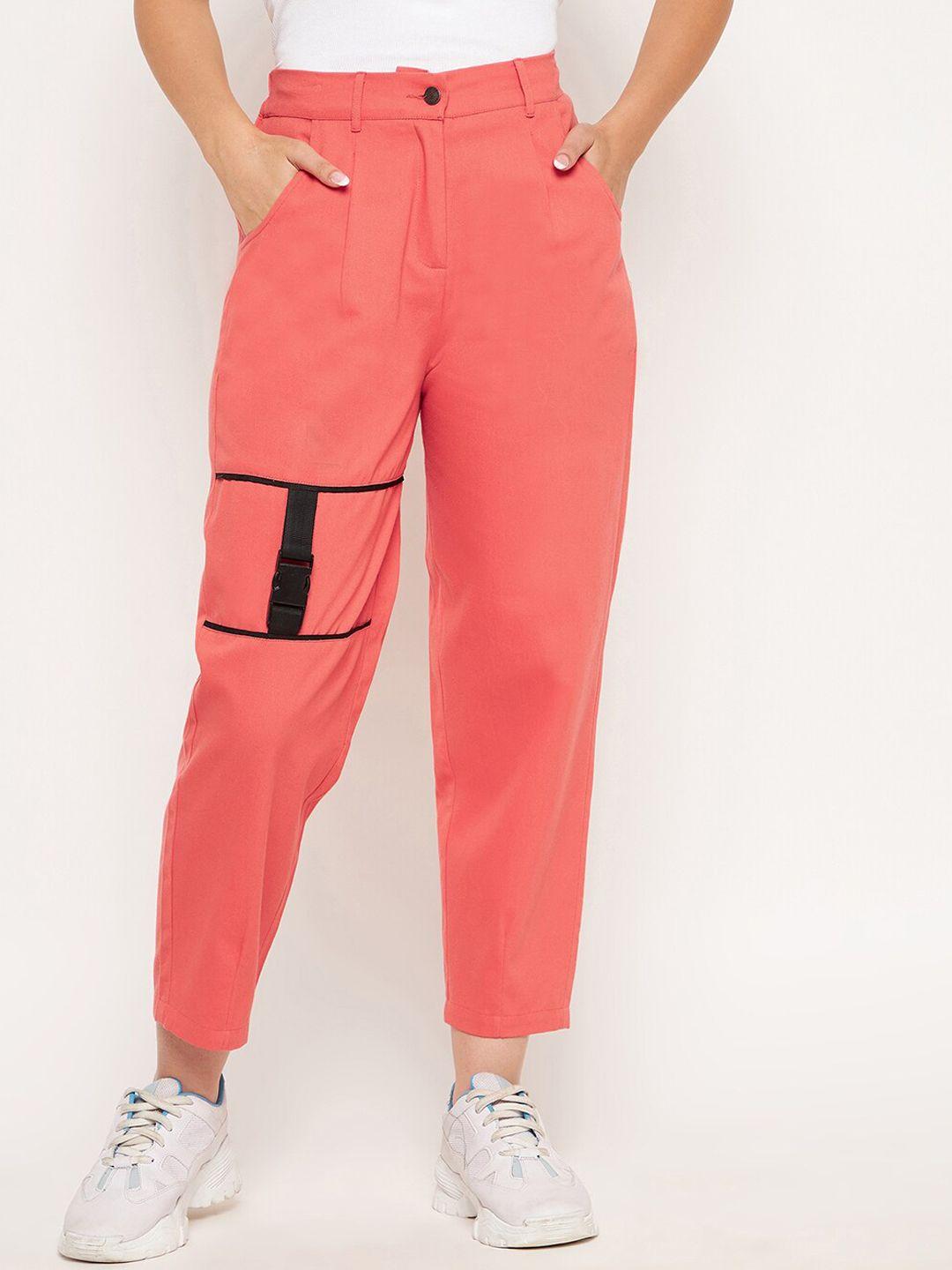 winered-women-peach-coloured-smart-high-rise-easy-wash-pleated-trouser-with-buckle