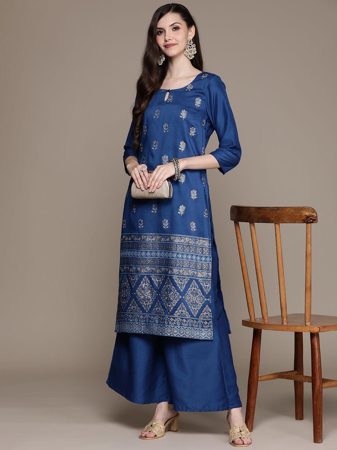 ziyaa-women-navy-blue-&-golden-ethnic-motifs-printed-kurta-with-palazzos