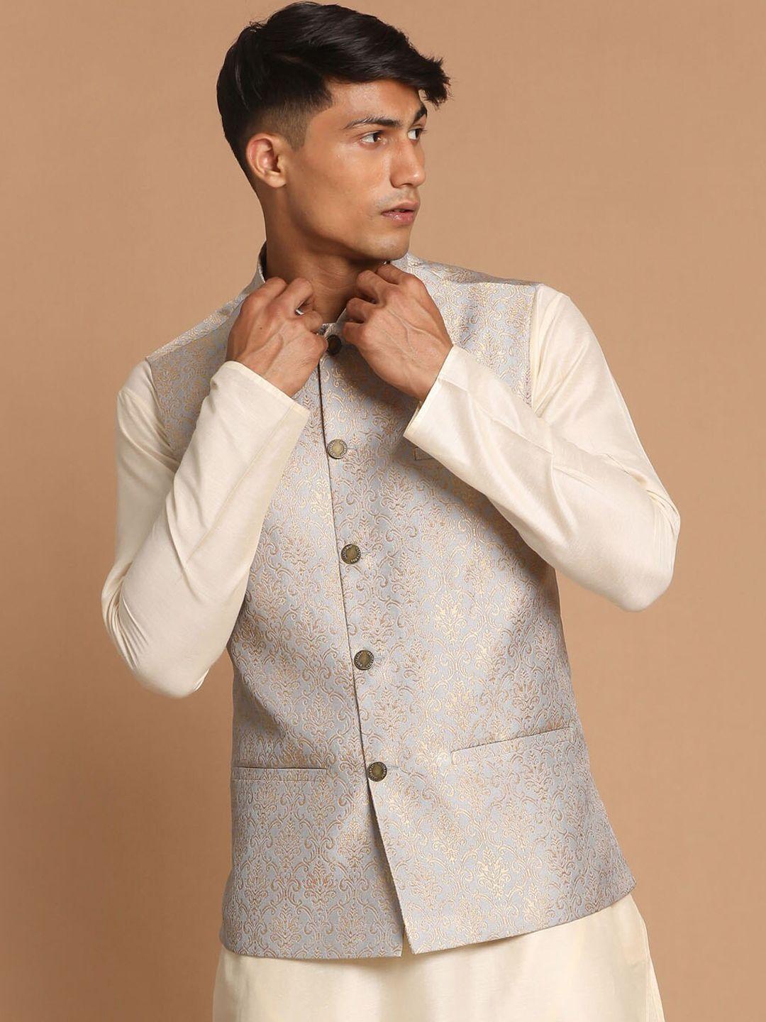 vastramay-men-grey-woven-design-silk-nehru-jacket
