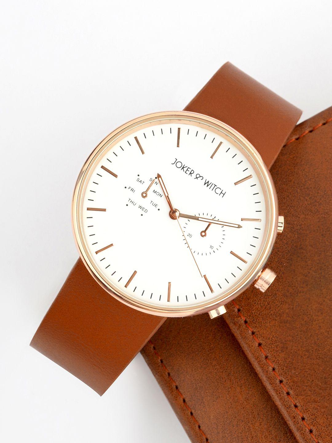 joker-&-witch-men-white-patterned-dial-&-brown-leather-textured-straps-analogue-watch
