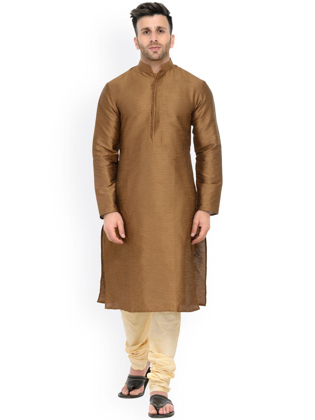 chitwan-mohan-men-brown-&-cream-self-design-kurta-with-pyjamas