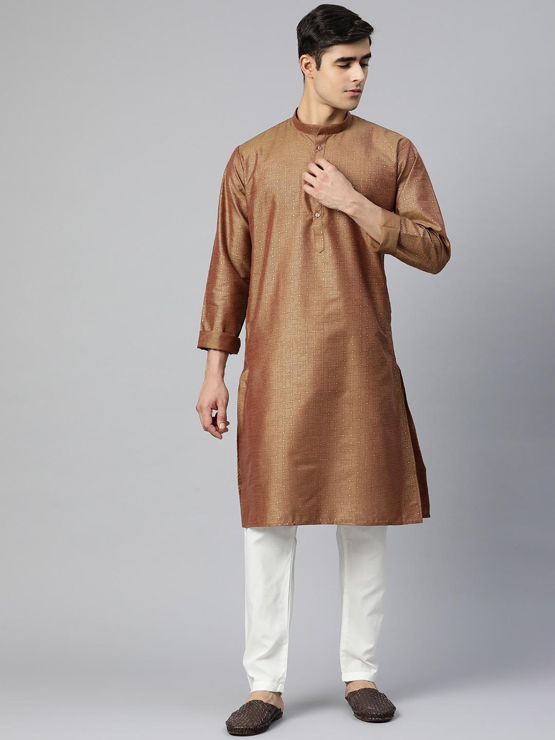 manq-men-brown-printed-pure-cotton-kurta-with-pyjamas