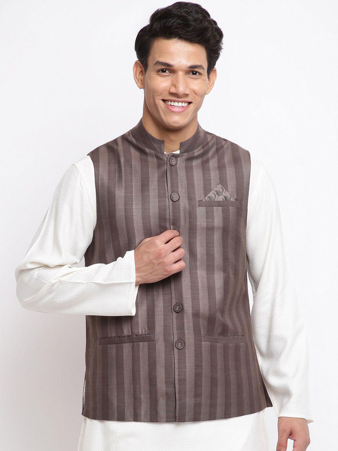 fabindia-men-grey-mandarin-collar-striped-nehru-jackets