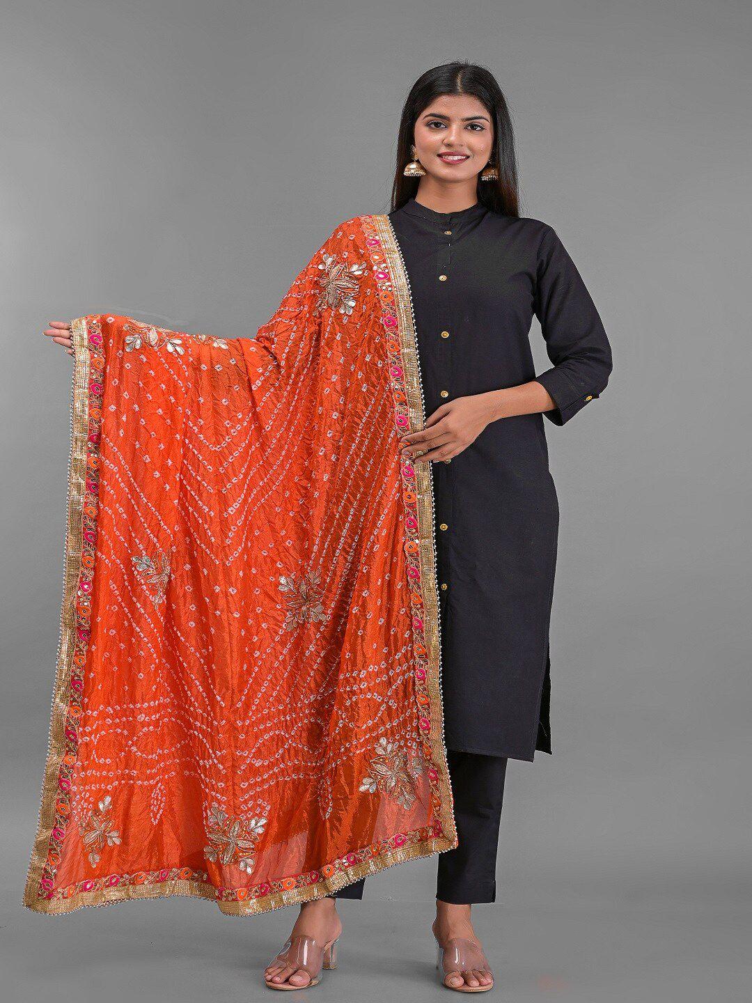 apratim-orange-&-gold-toned-printed-art-silk-bandhani-dupatta-with-gotta-patti