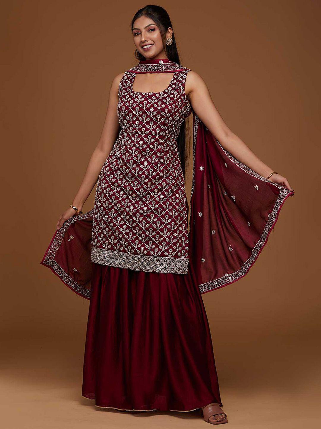 koskii-women-maroon-ethnic-motifs-embroidered-sequinned-pure-silk-kurta-set-with-dupatta