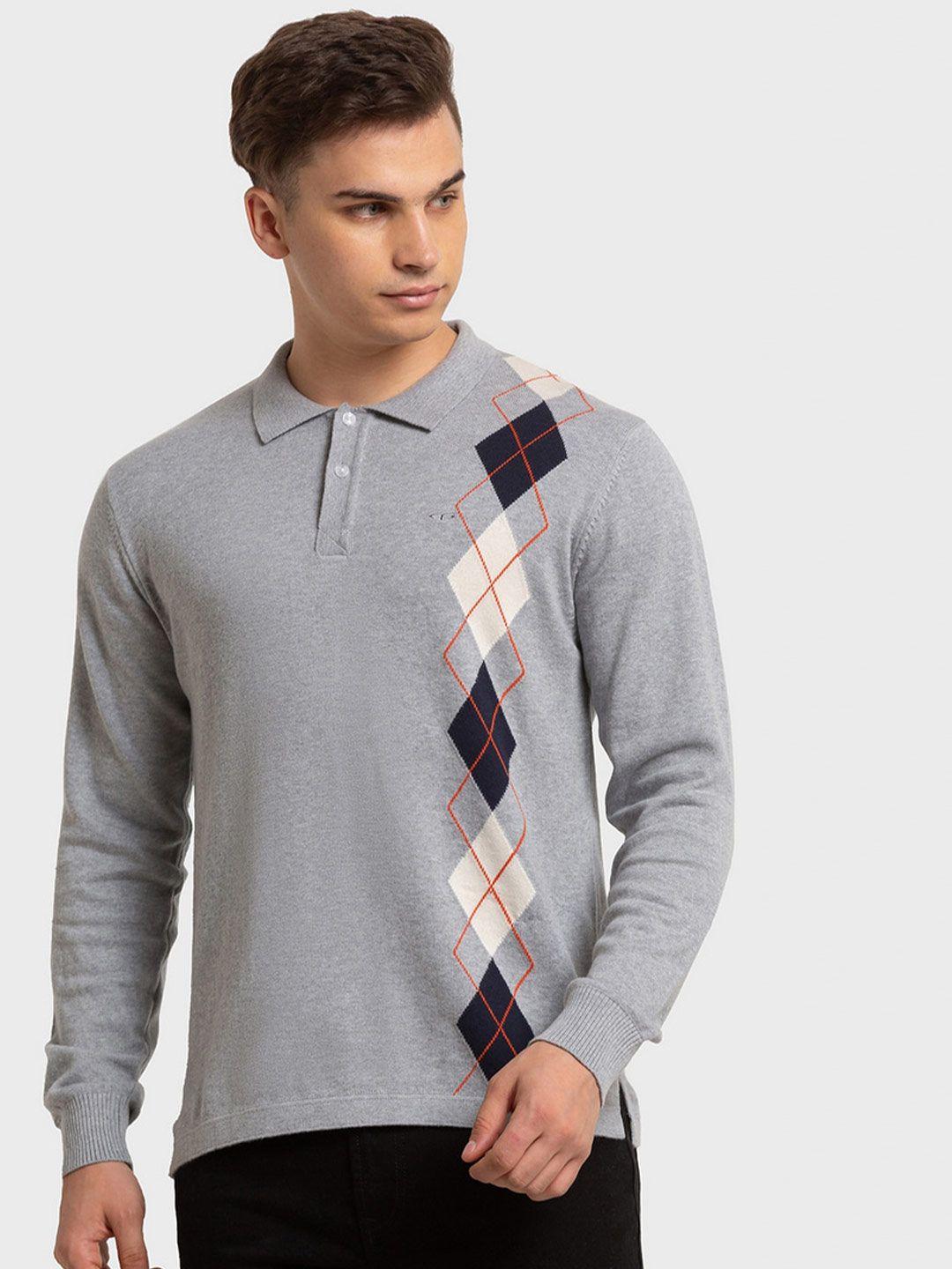 colorplus-men-grey-&-white-printed-polo-collar-organic-cotton-slim-fit-t-shirt