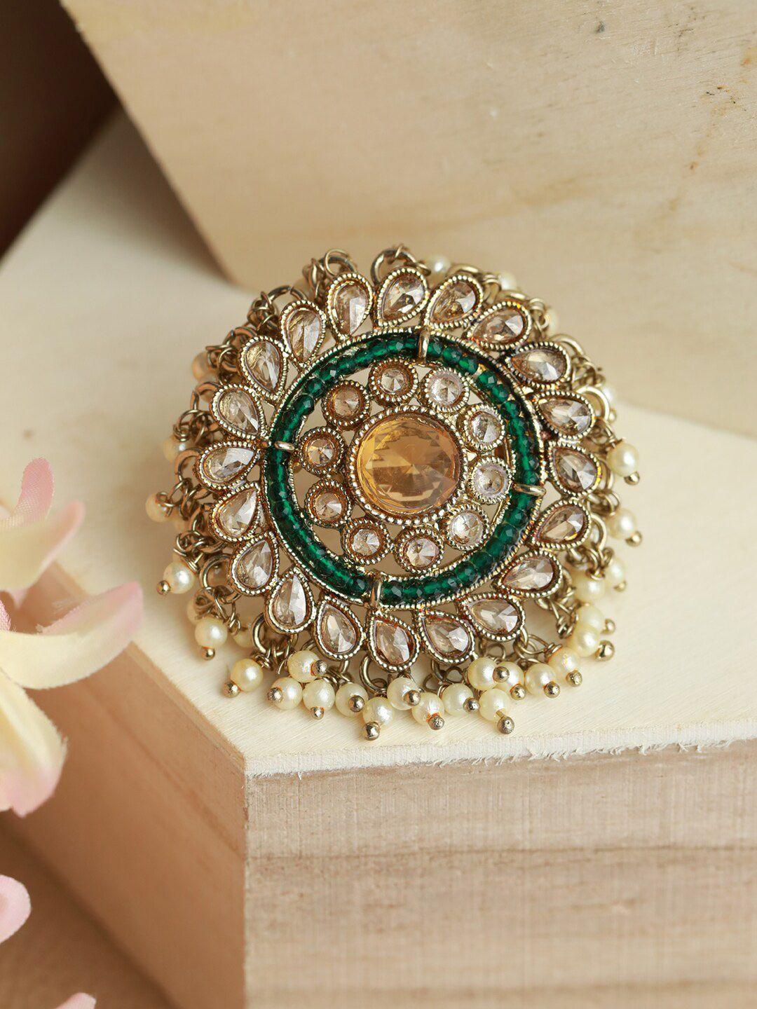 jazz-and-sizzle-gold-plated-green-&-white-kundan-studded-&-beaded-finger-ring