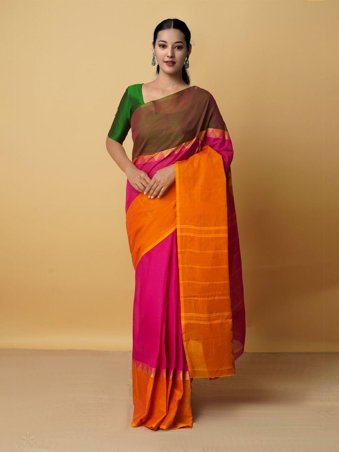 unnati-silks-brown-&-pink-colourblocked-zari-pure-cotton-kanjeevaram-saree