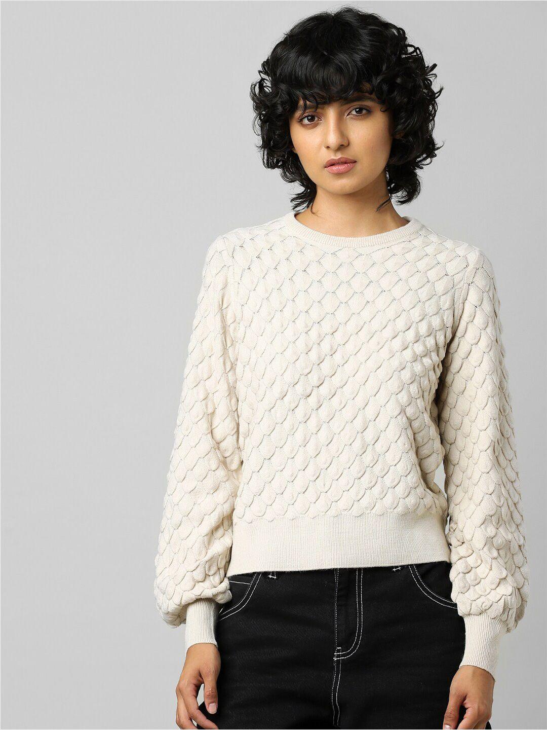 only-women-beige-long-sleeve-ribbed-hem-pullover-sweaters