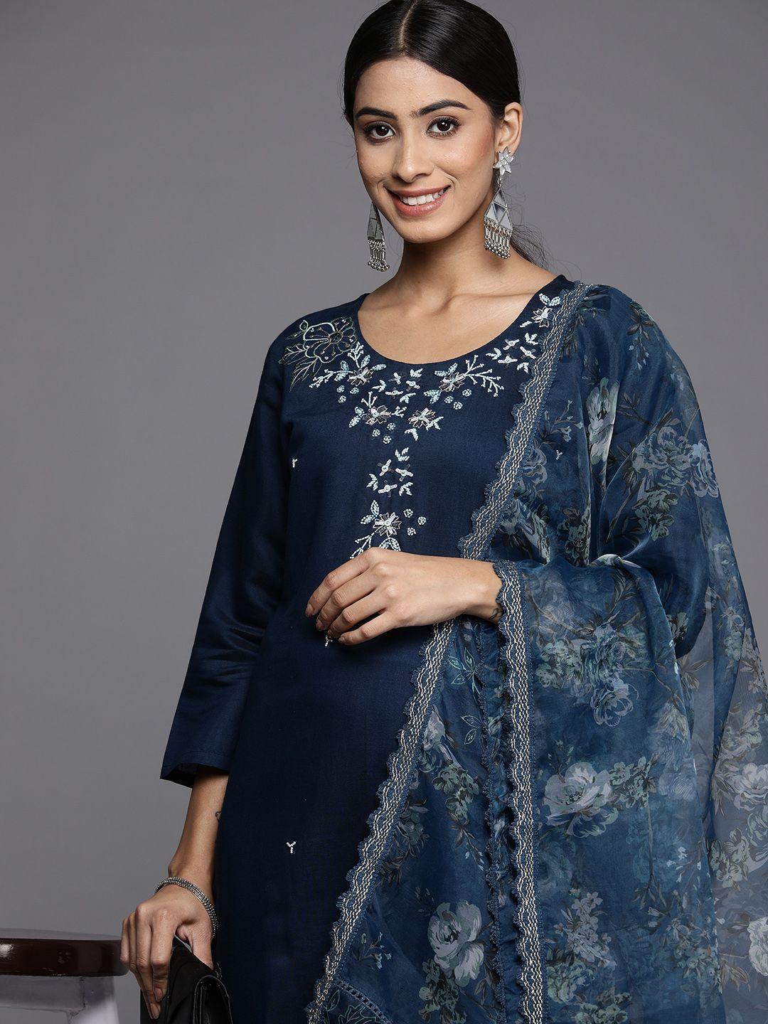 indo-era-women-blue-floral-embroidered-thread-work-kurta-with-trousers-&-with-dupatta