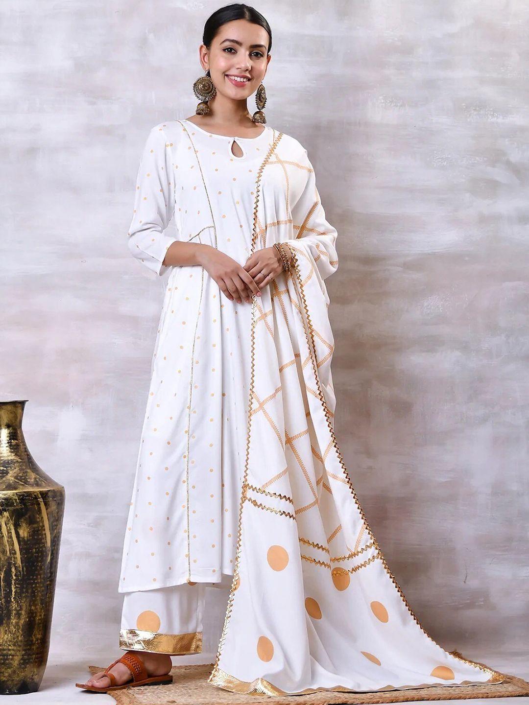 rustorange-women-off-white-gold-polka-printed-full-kurta-set-with-gota-details