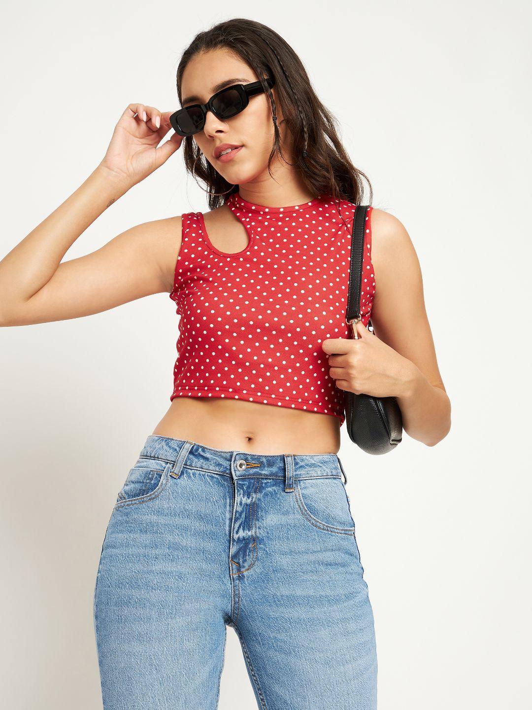 uptownie-lite-red-geometric-stretchable-polyester-high-neck-sleeveless-cut-out-crop-top