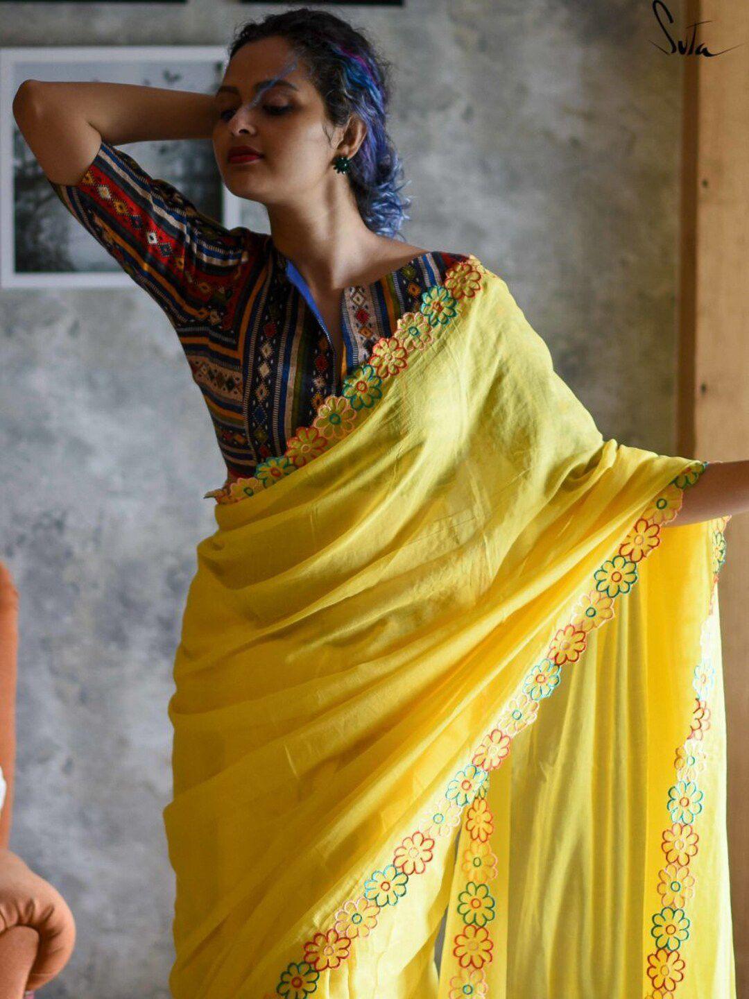 suta-women-navy-blue-&-yellow-geometric-printed-saree-blouse