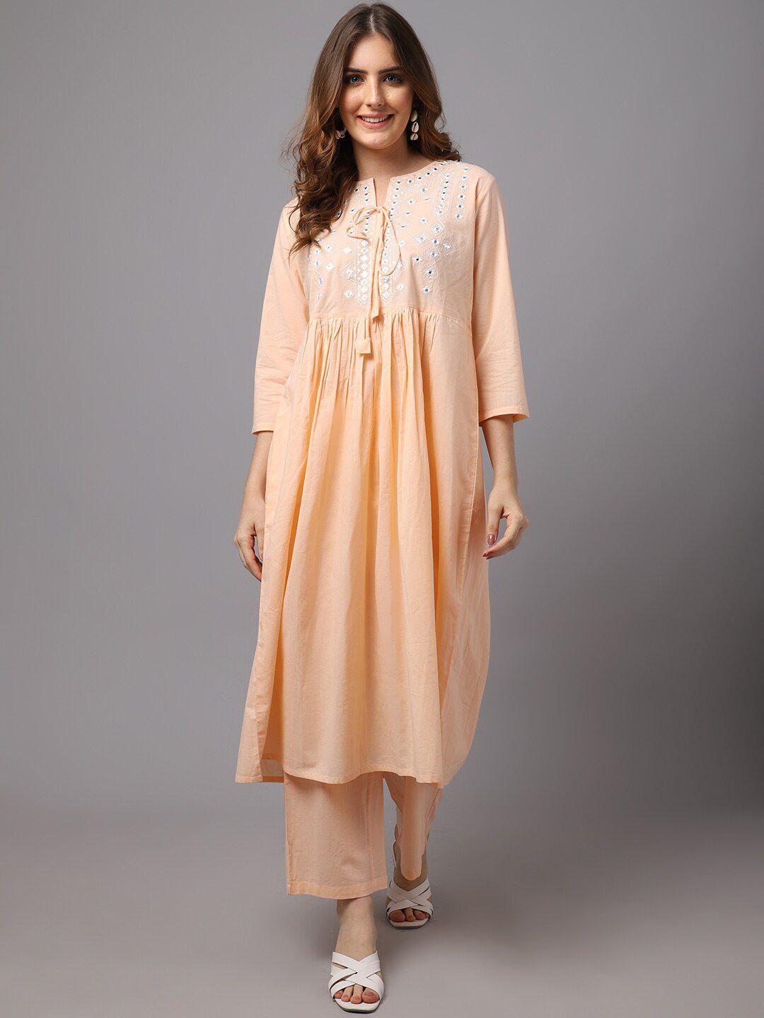 tulsattva-women-orange-embroidered-pleated-pure-cotton-kurti-with-trouser
