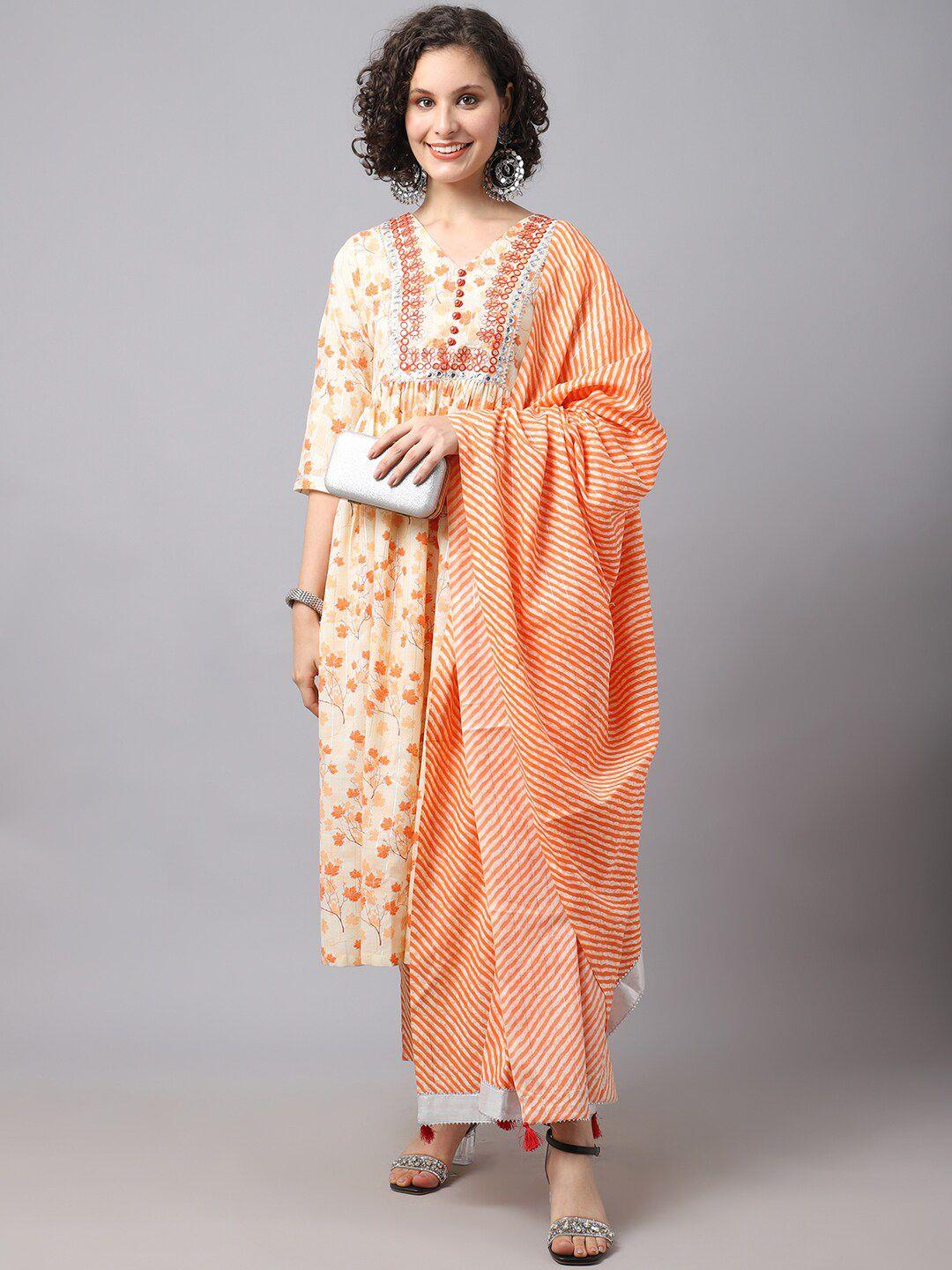 tulsattva-women-orange-floral-pleated-gotta-patti-kurta-with-trousers-&-with-dupatta