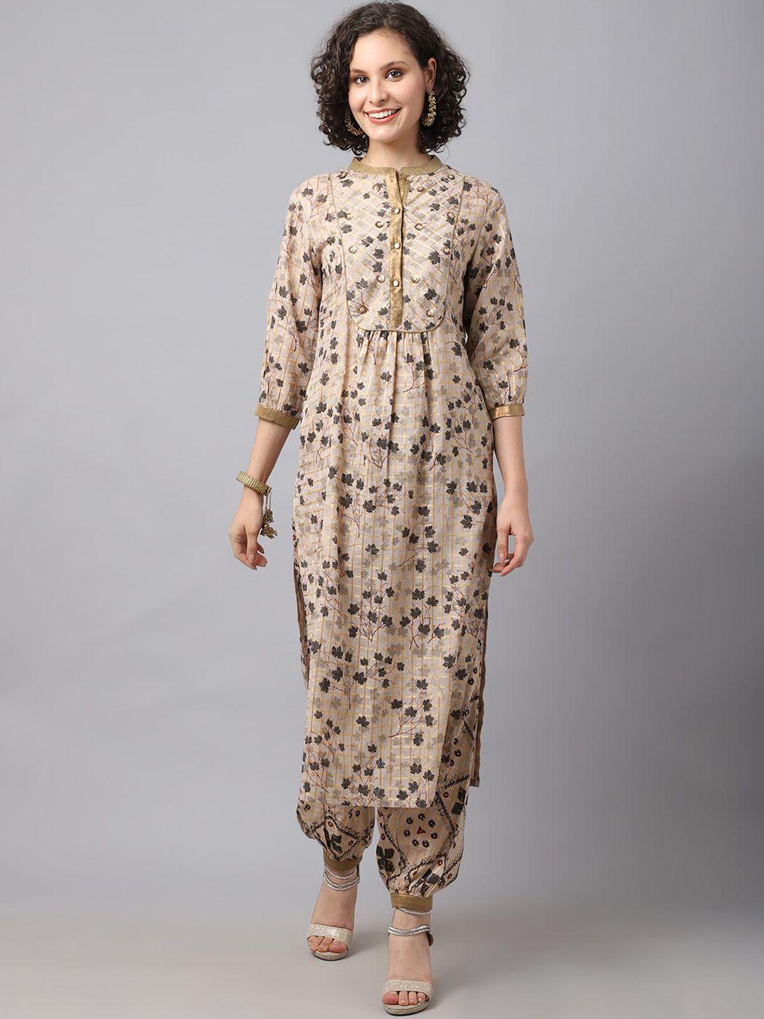 tulsattva-women-brown-printed-sequinned-pure-cotton-kurti-with-trousers