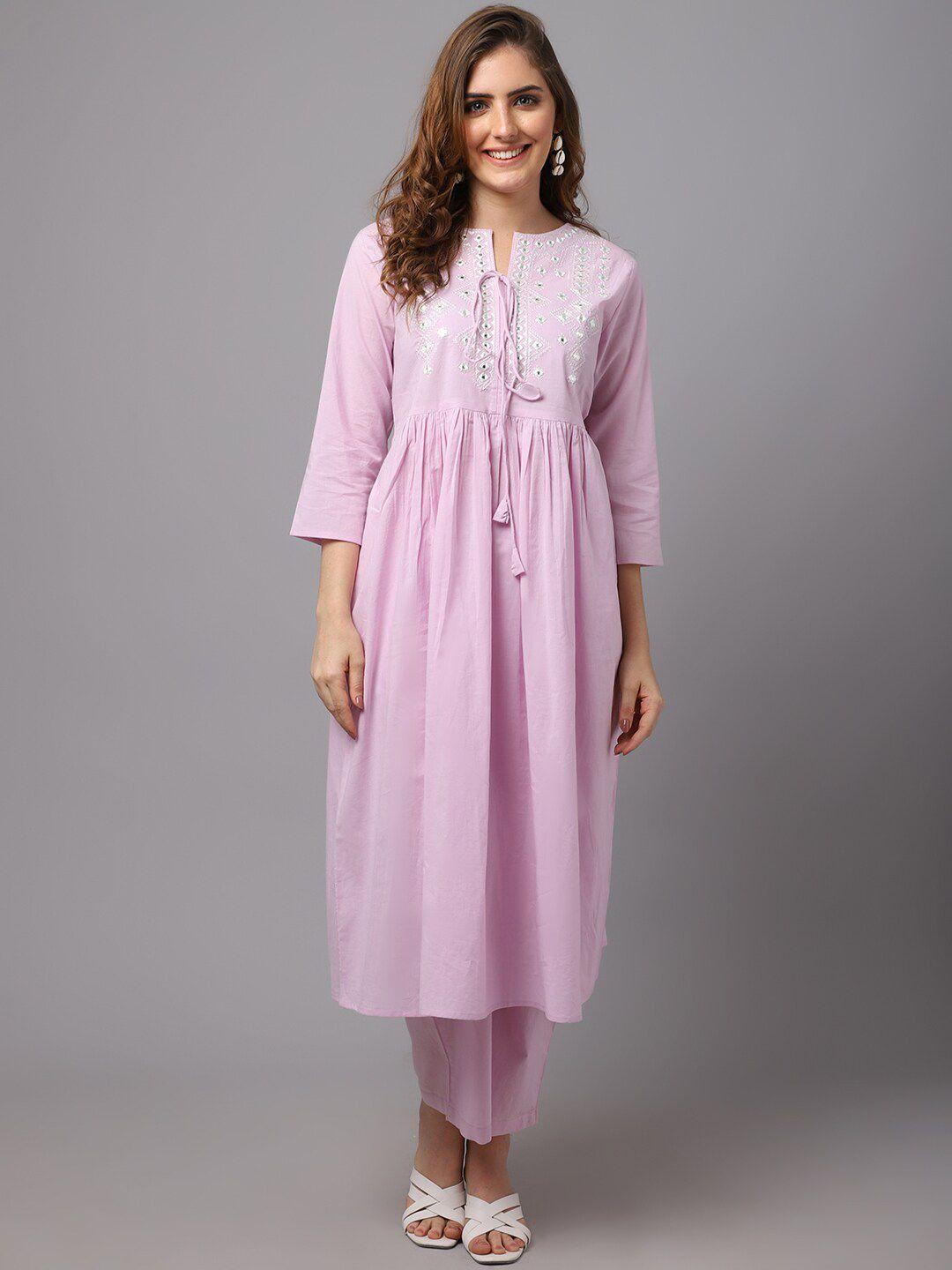 tulsattva-women-mauve-embroidered-high-slit-pure-cotton-kurti-with-trousers