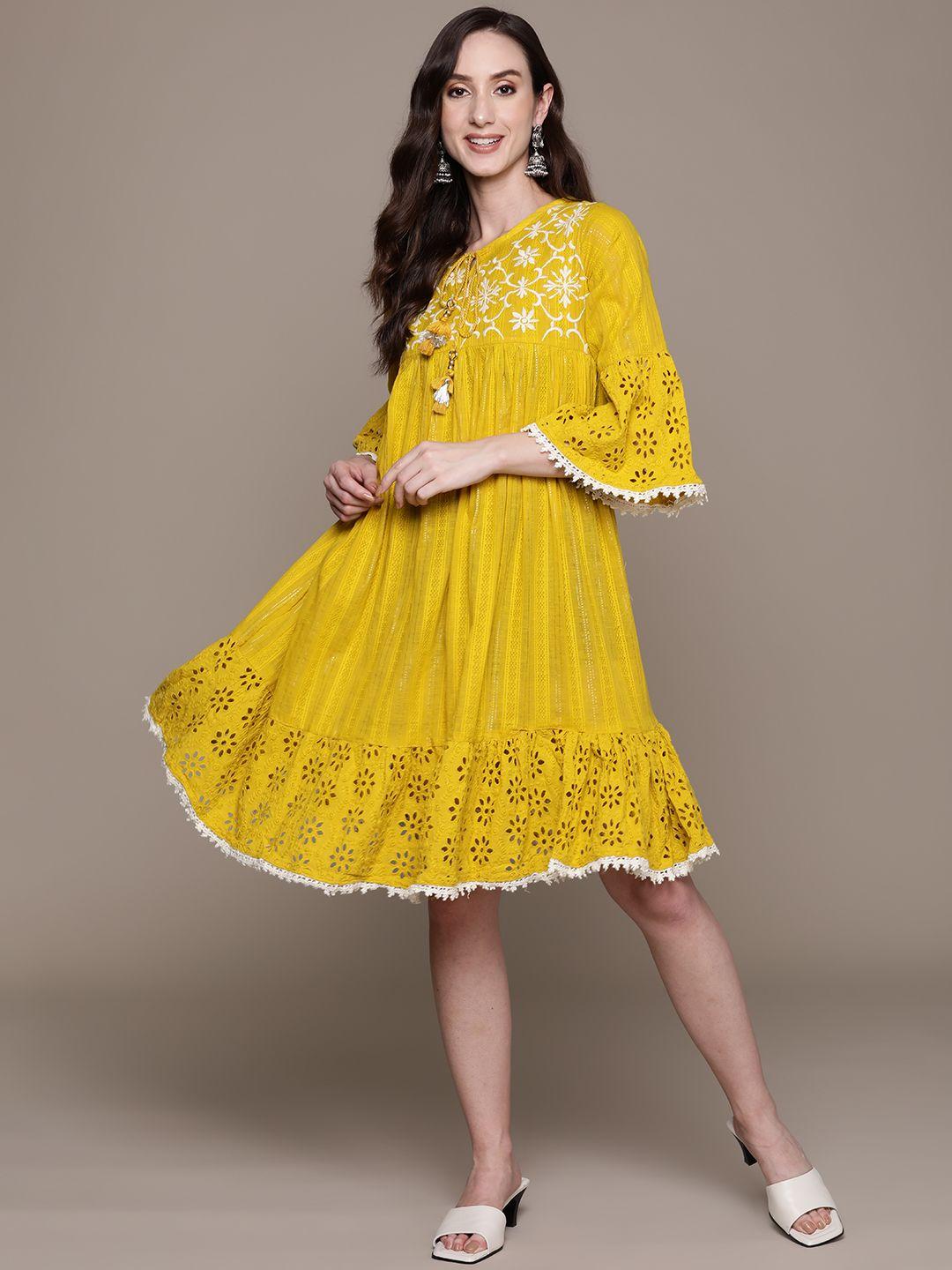 ishin-yellow-floral-embroidered-tie-up-neck-cotton-a-line-dress