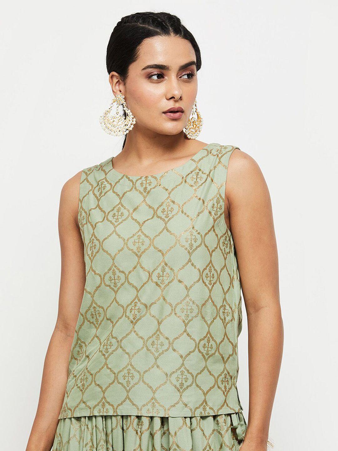 max-women-green-&-gold-toned-geometric-print-sleeveless-top