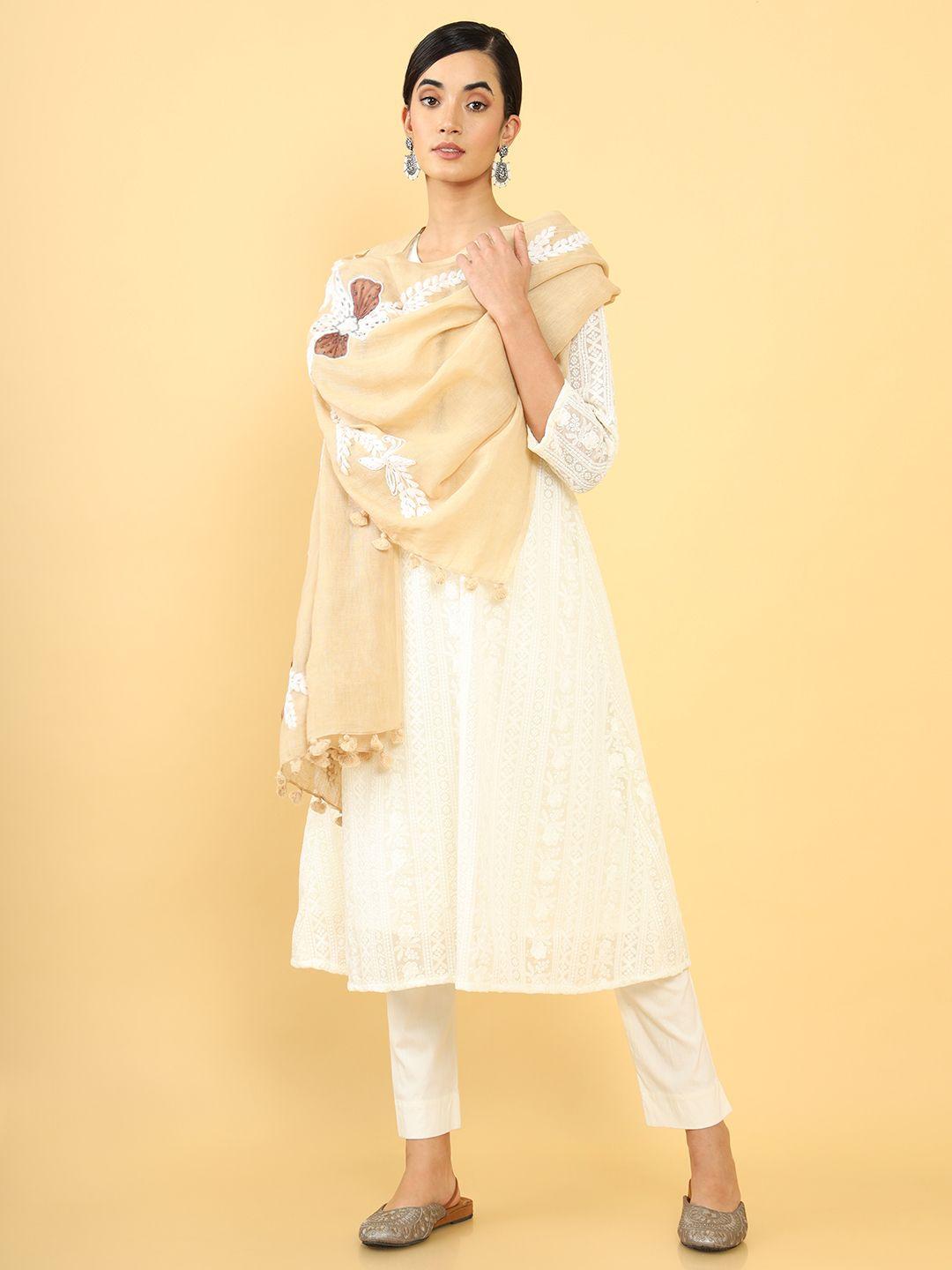 soch-women-beige-&-white-embroidered-linen-dupatta