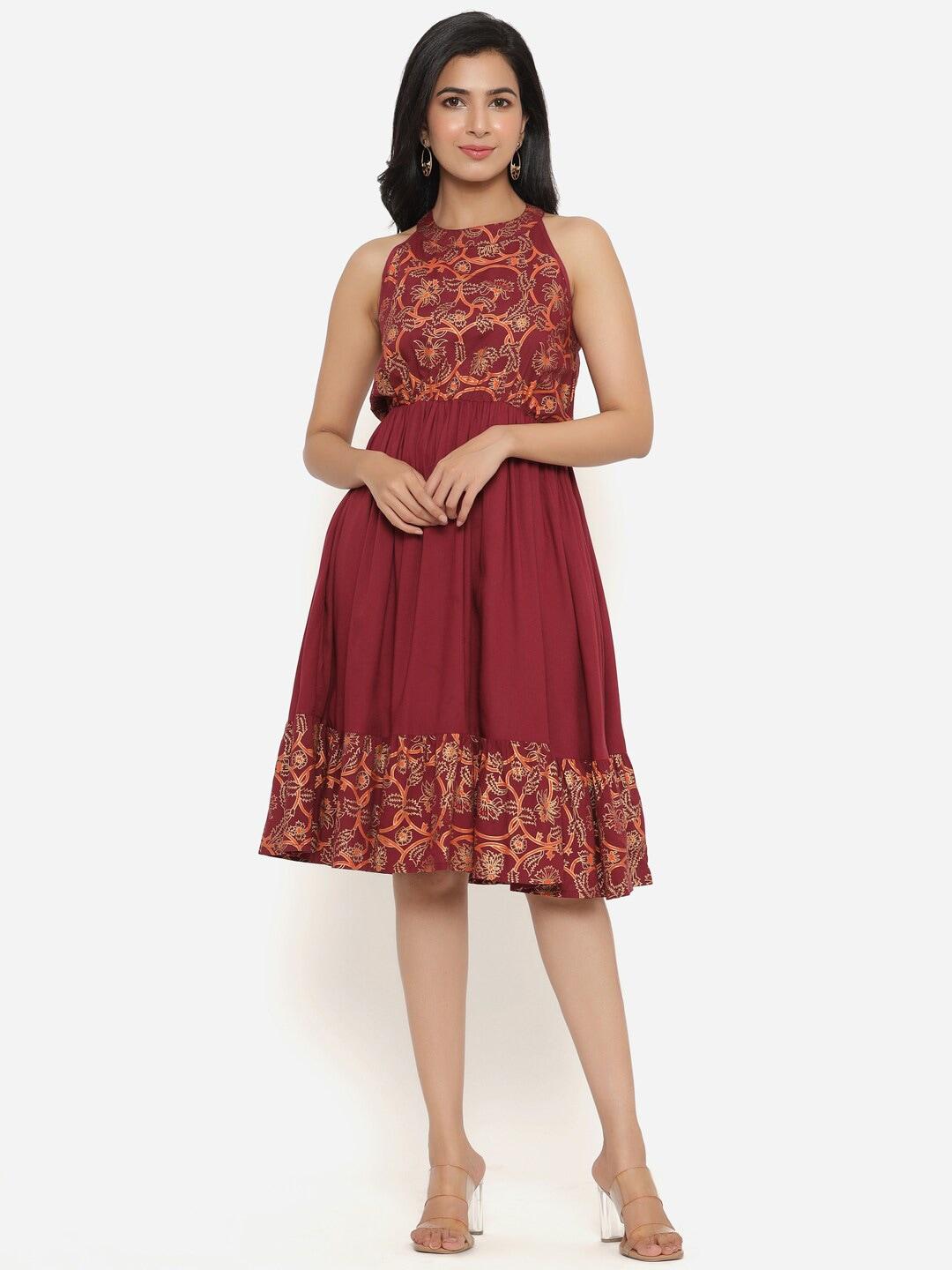purshottam-wala-maroon-floral-halter-neck-dress