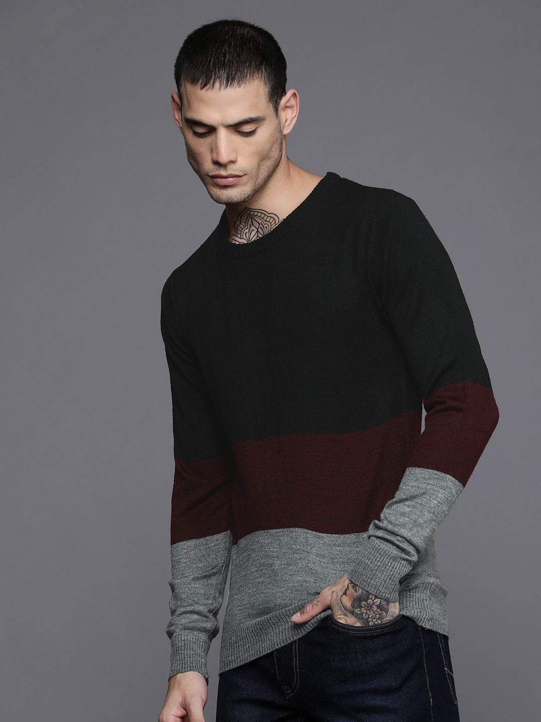 wrogn-men-black-&-maroon-colourblocked-pullover-sweater
