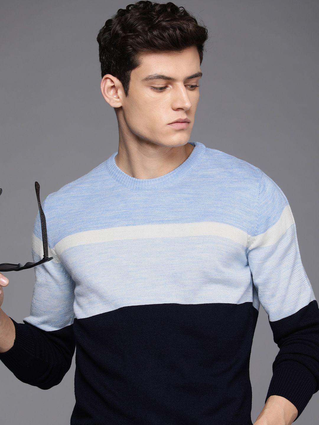 wrogn-men-blue-colourblocked-slim-fit-pullover-with-embroidered-detail