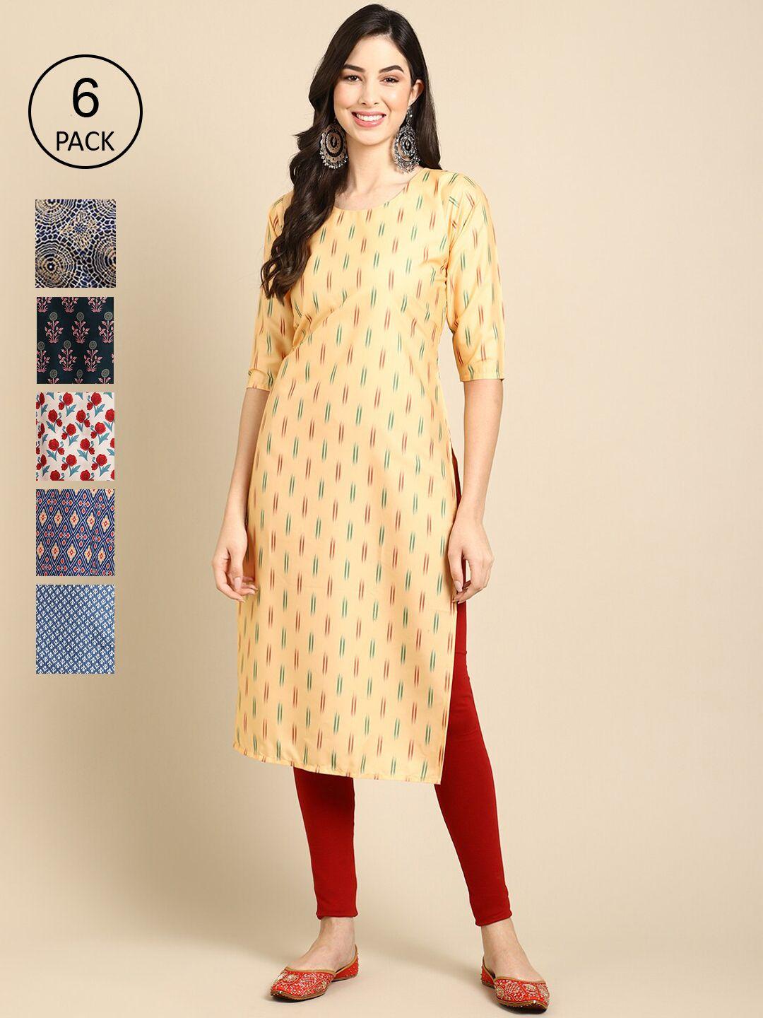 1-stop-fashion-women-red-and-yellow-geometric-striped-block-print-crepe-kurta-[pack-of-6]
