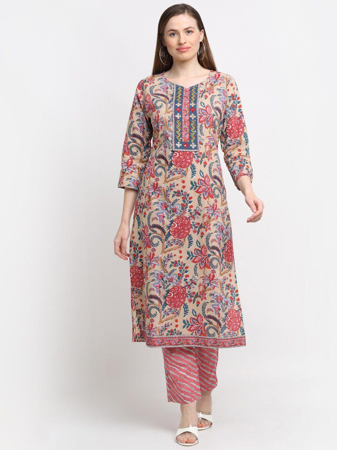 kalini-women-beige-floral-printed-pleated-thread-work-pure-cotton-kurti-with-trousers-&-with-dupatta