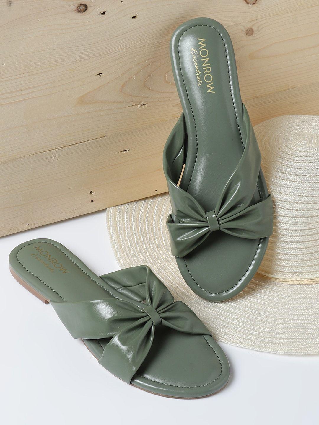 monrow-women-olive-green-ethnic-open-toe-flats-with-bows