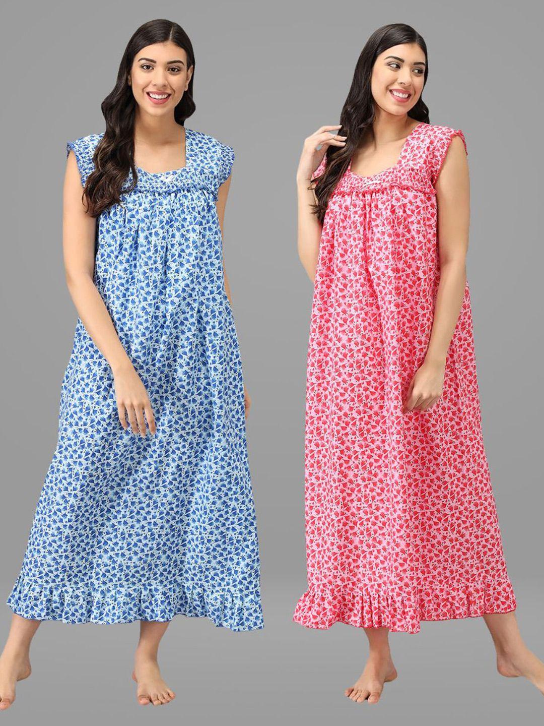 shararat-pack-of-2-blue-&-pink-printed-maxi-cotton-nightdress