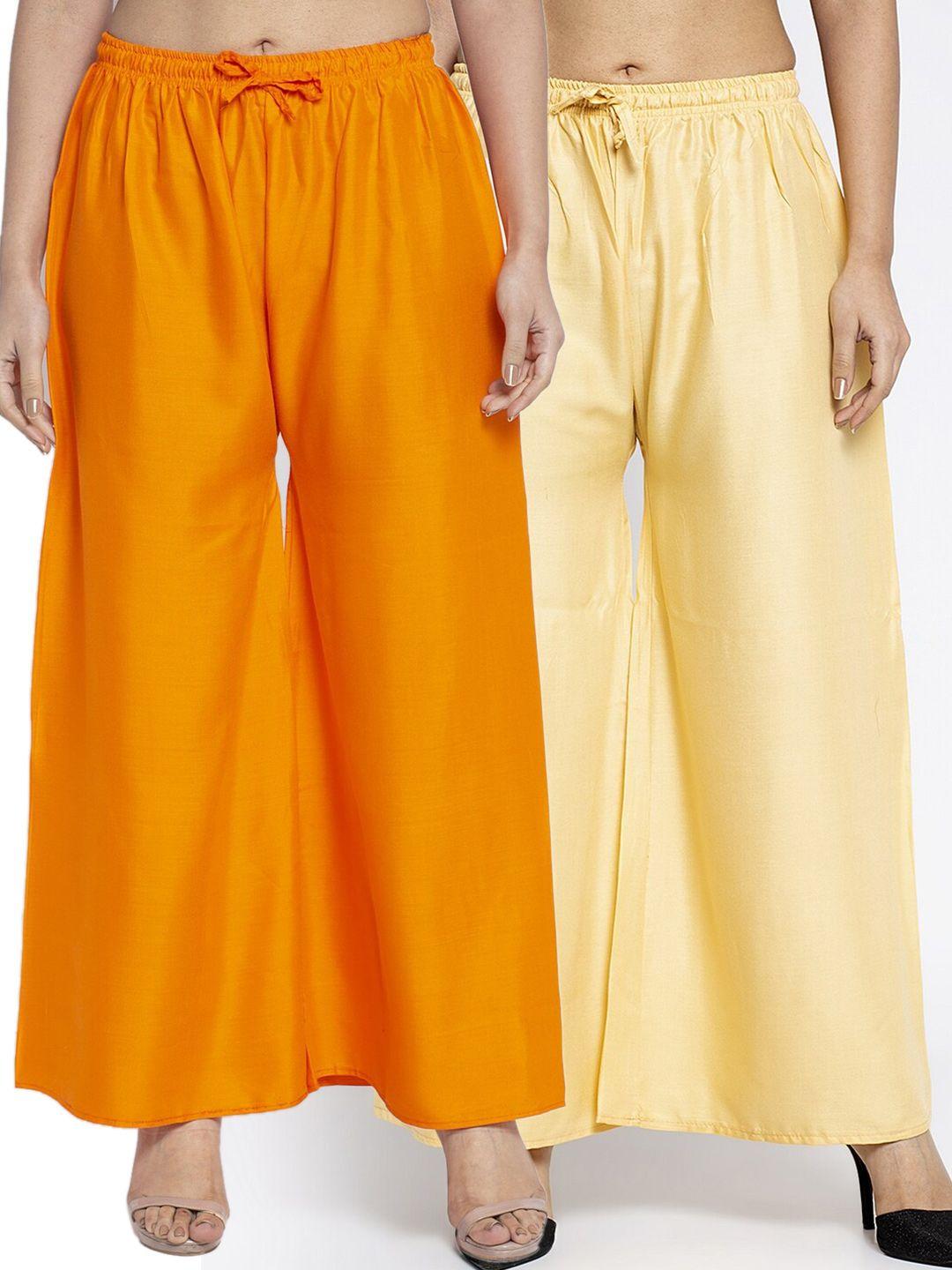 gracit-women-orange-&-beige-solid-set-of-2-viscose-rayon-ethnic-palazzos