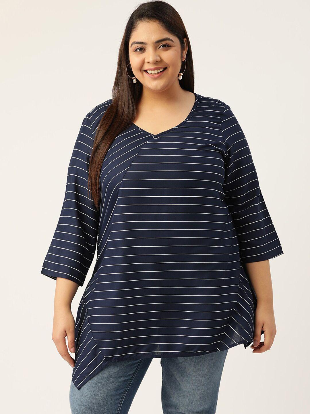 therebelinme-women-navy-blue-plus-size-printed-striped-casual-top