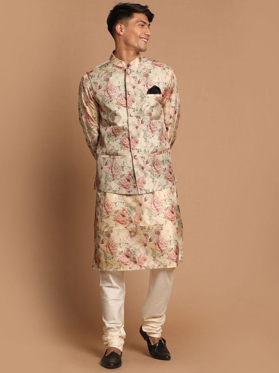 vastramay-men-beige-printed-kurta-with-pyjamas-&-nehru-jacket