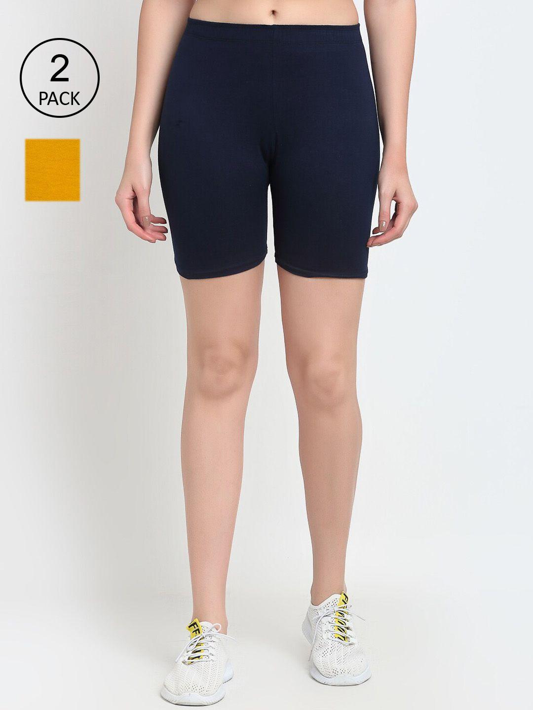 gracit-women-set-of-2-navy-blue-&-yellow-slim-fit-cycling-sports-shorts