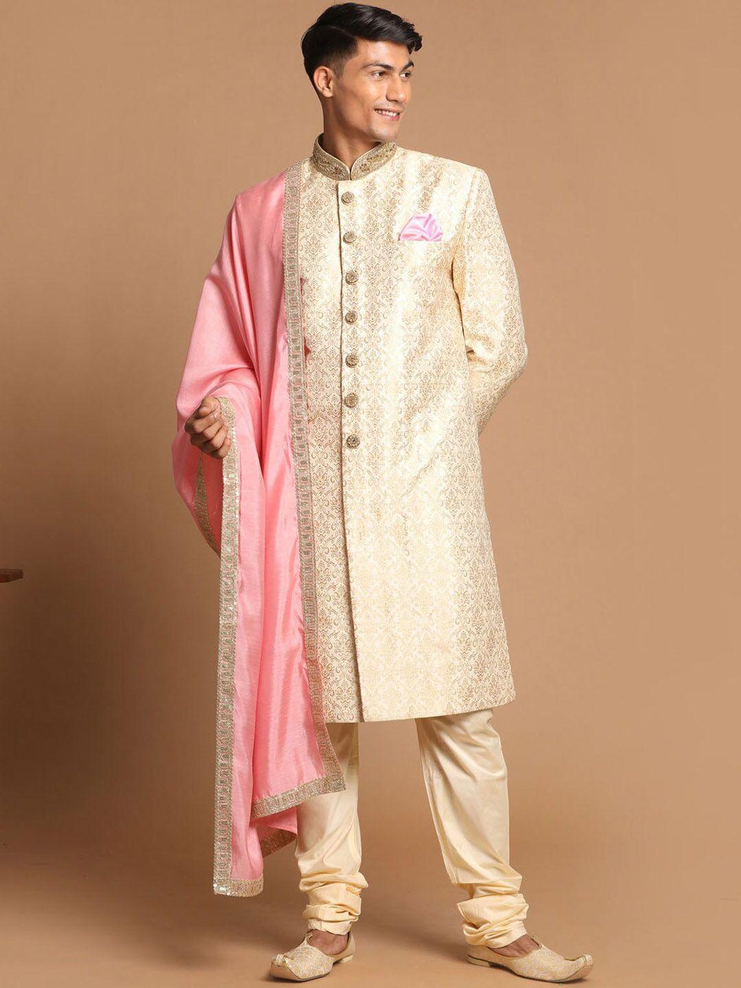 vastramay-men-beige-&-gold-coloured-silk-blend-sherwani-set