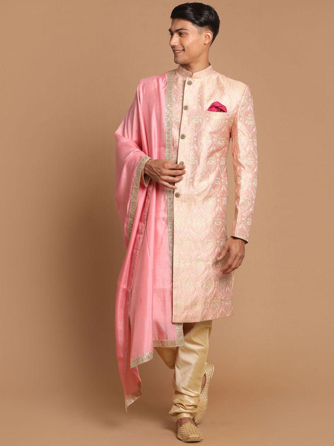 vastramay-men-pink-&-golden-woven-design-sherwani-with-embellished-dupatta