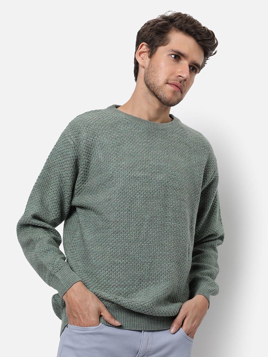 campus-sutra-men-green-boucle-ribbed-pullover