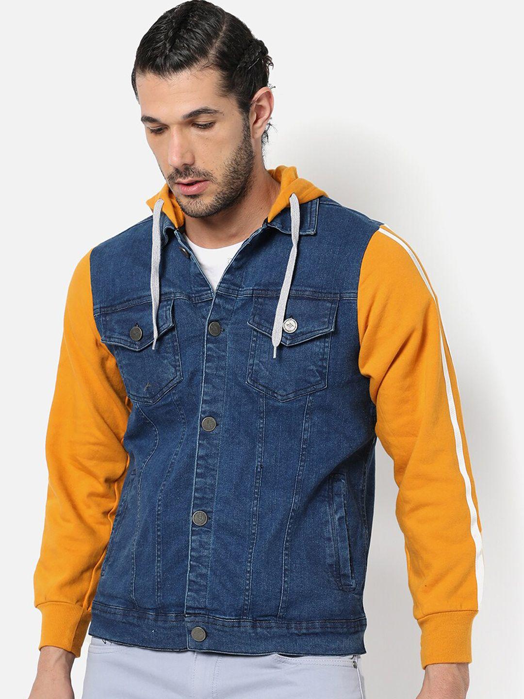 campus-sutra-men-blue-&-mustard-washed-colourblocked-crop-denim-jacket