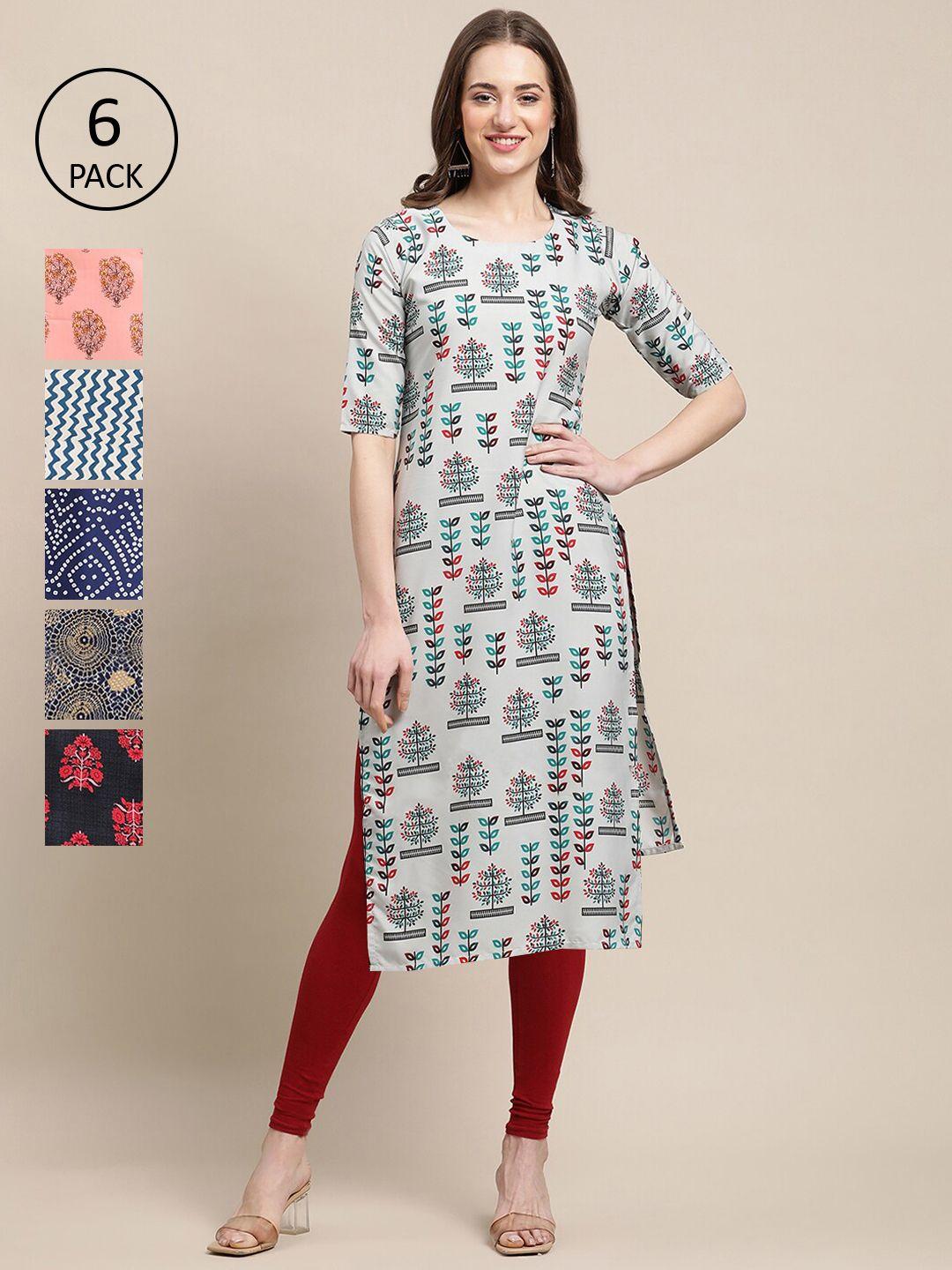 1-stop-fashion-women-pack-of-6-geometric-printed-block-print-crepe-kurta
