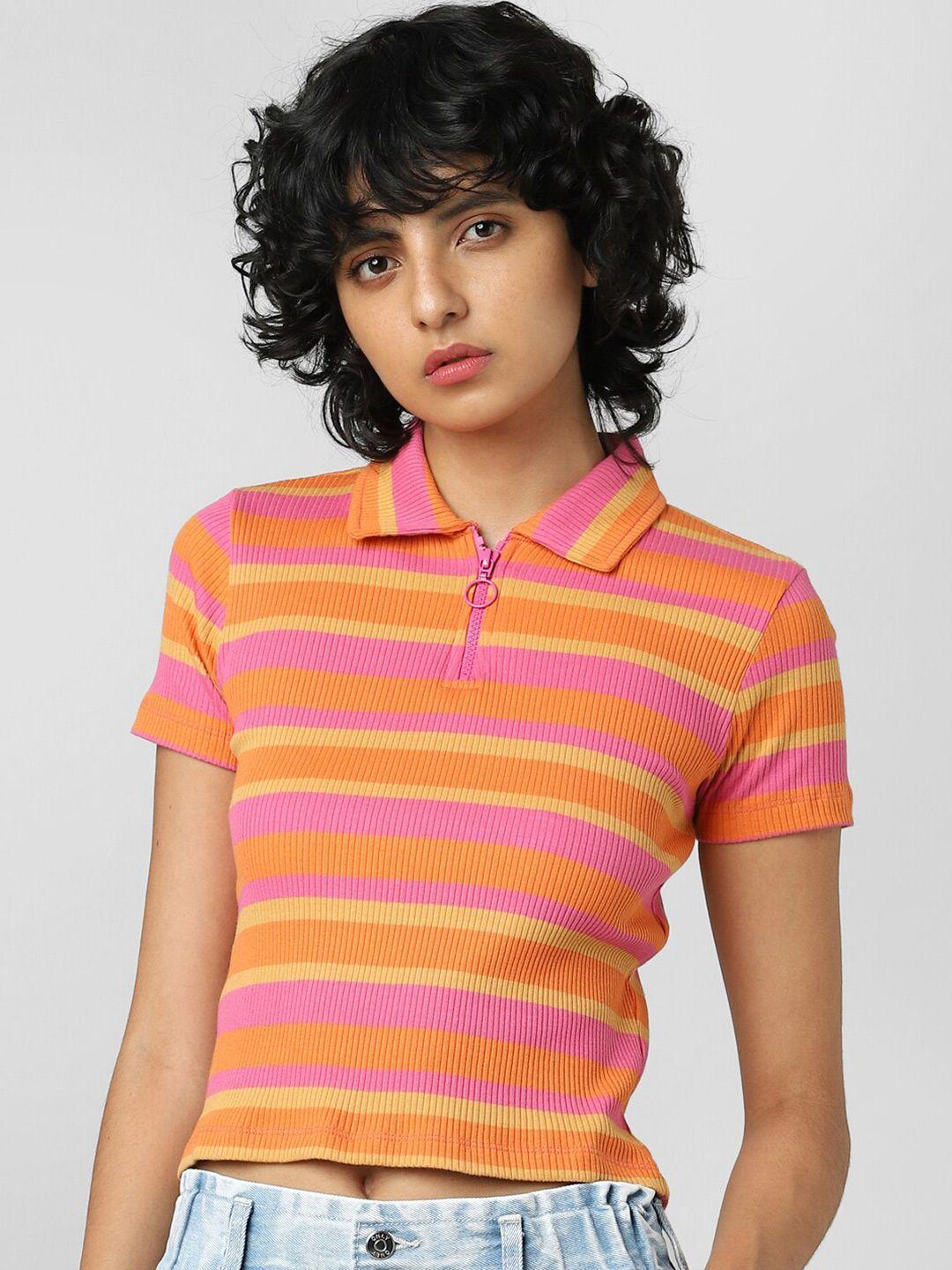 only-women-orange-striped-polo-collar-t-shirt