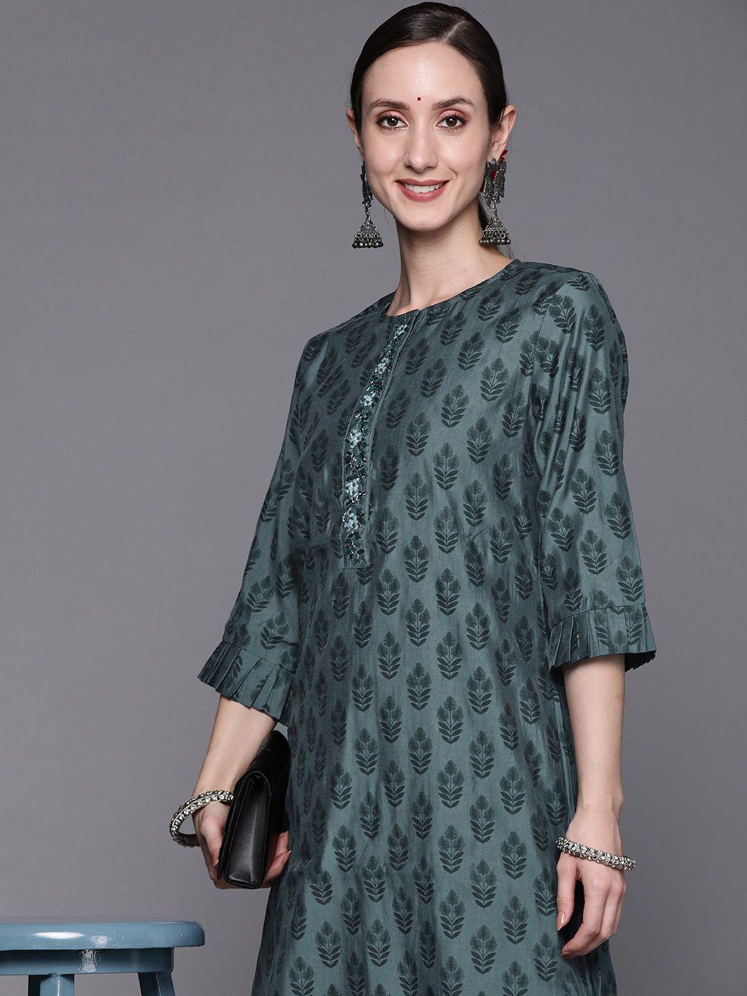 indo-era-women-green-ethnic-motifs-printed-chanderi-cotton-kurta-with-trousers
