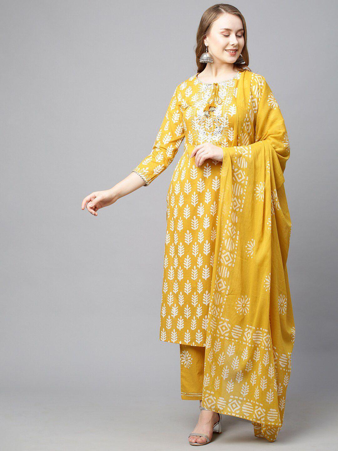 fashor-women-mustard-yellow-ethnic-motifs-embroidered-mirror-work-pure-cotton-kurta-with-trousers-&-with