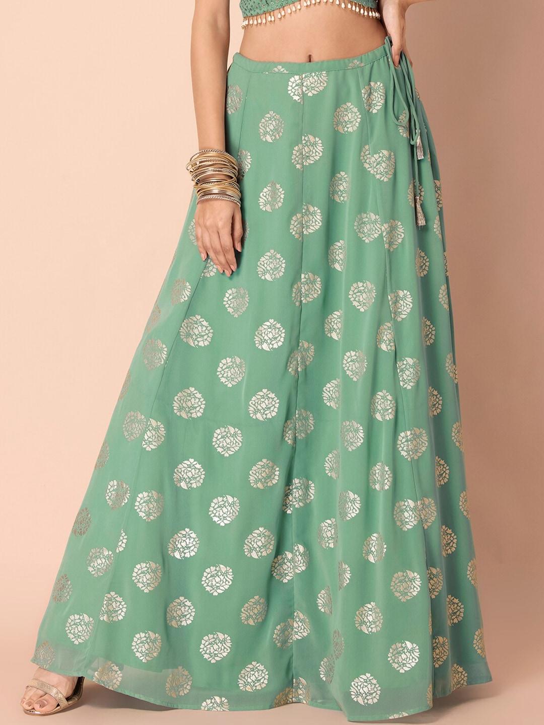 indya-women-green-&-gold-coloured-printed-flared-maxi-skirt