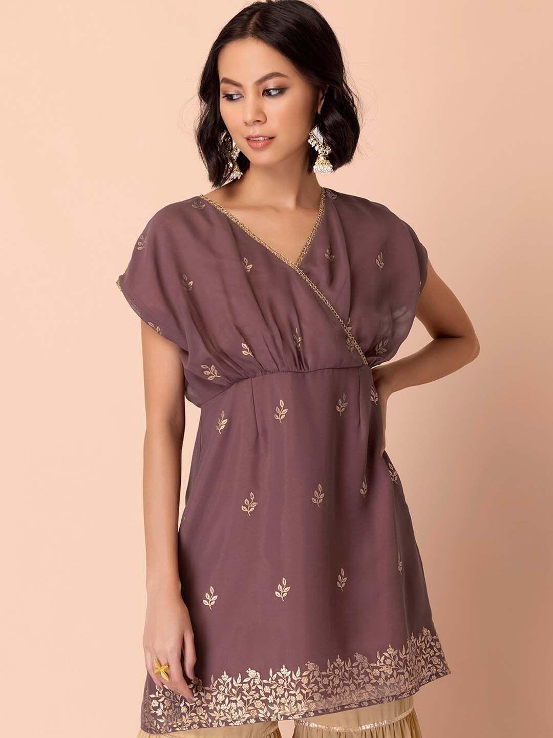 indya-purple-&-gold-toned-floral-printed-v-neck-extended-sleeves-pure-georgette-kurti